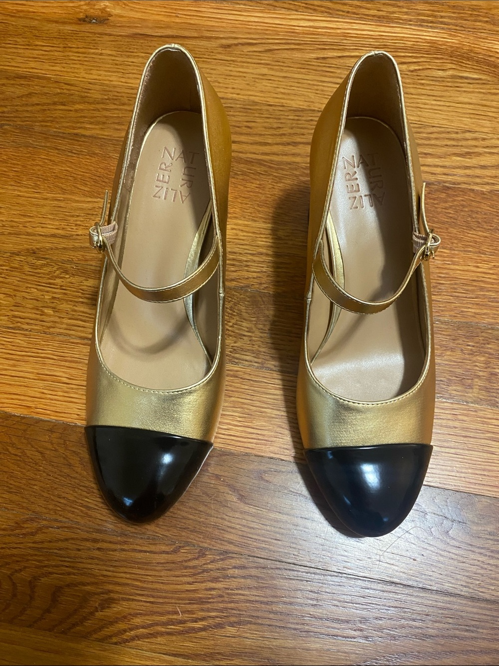 Naturalizer Gold Mary Jane Block Heels with Black Cap Toe